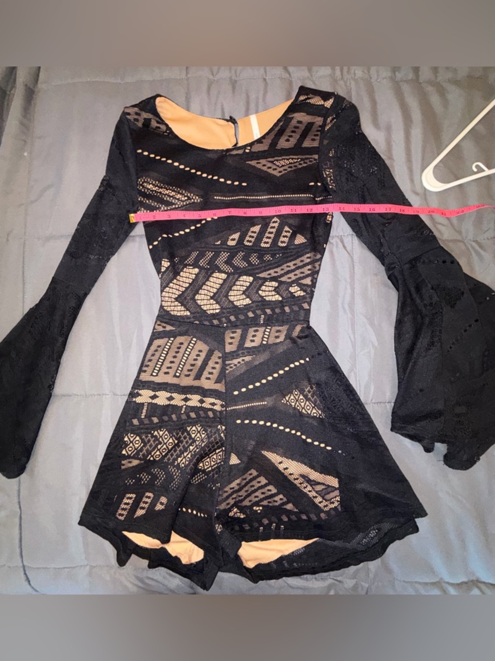 Sage Black Lace Romper Dress Bell Sleeve Open Back Small - Picture 6 of 7